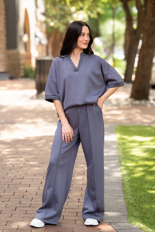 Slate Blue Butter Soft V-Neck Top with matching wide-leg pants, available in sizes XS–XL.