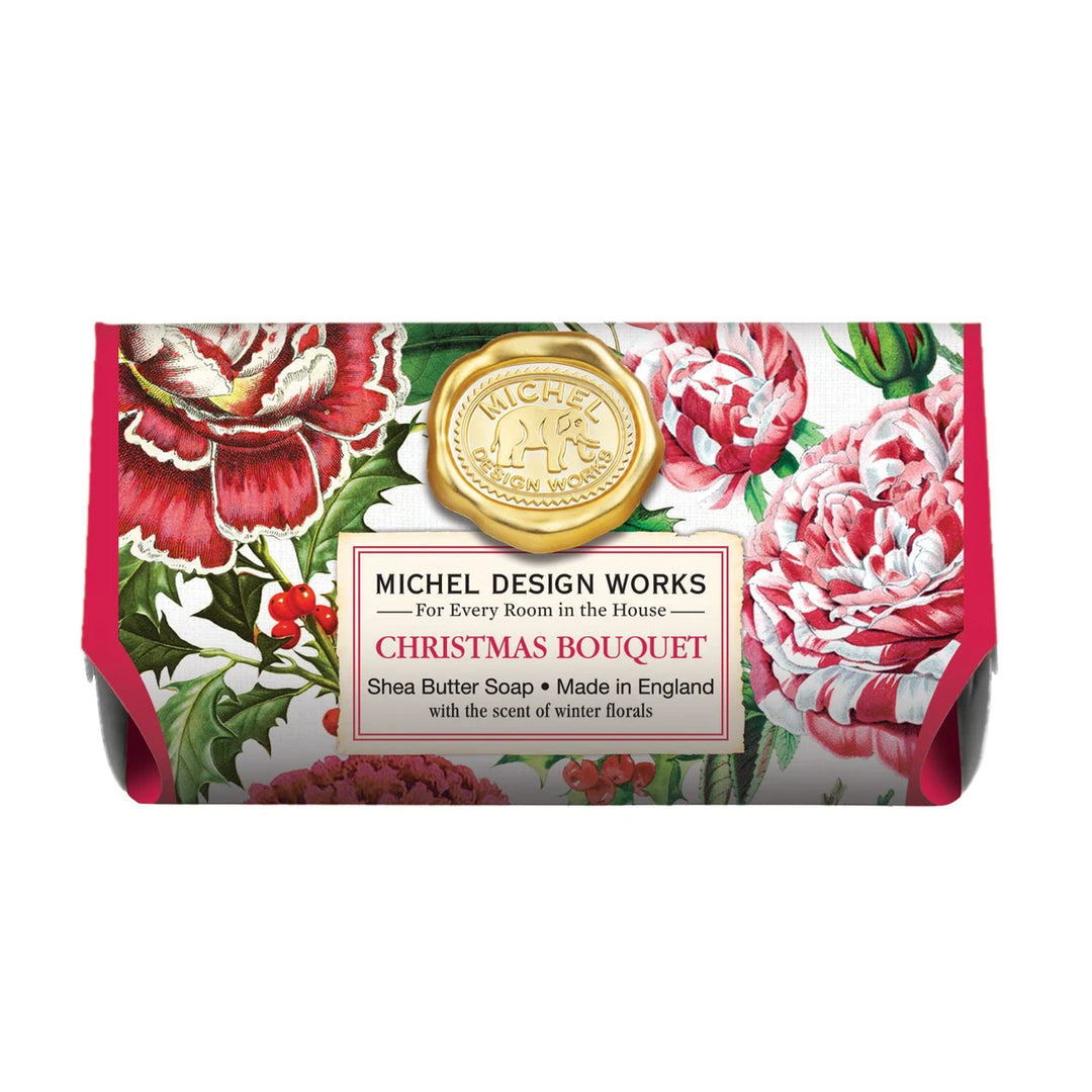Christmas Bouquet Large Bath Soap Bar, shea butter soap wrapped in floral paper with a gold wax seal.