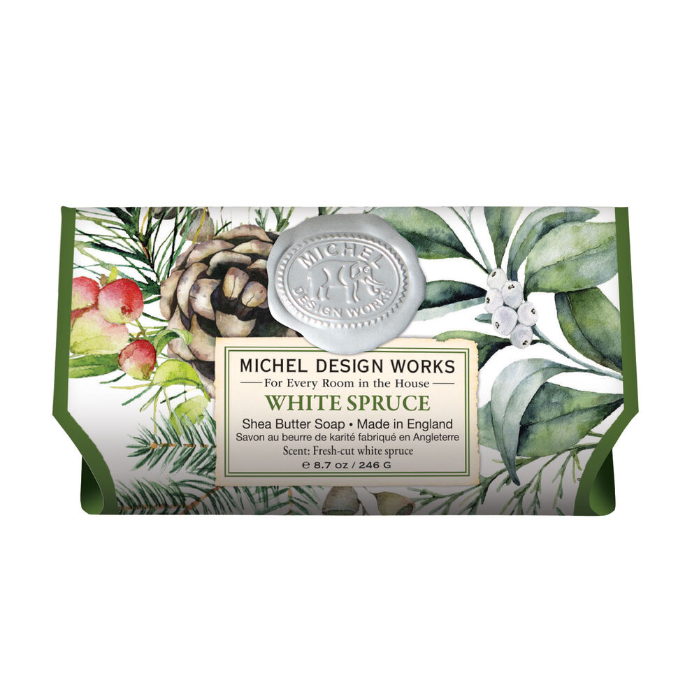 White Spruce Large Bath Soap Bar in decorative pine-themed paper.