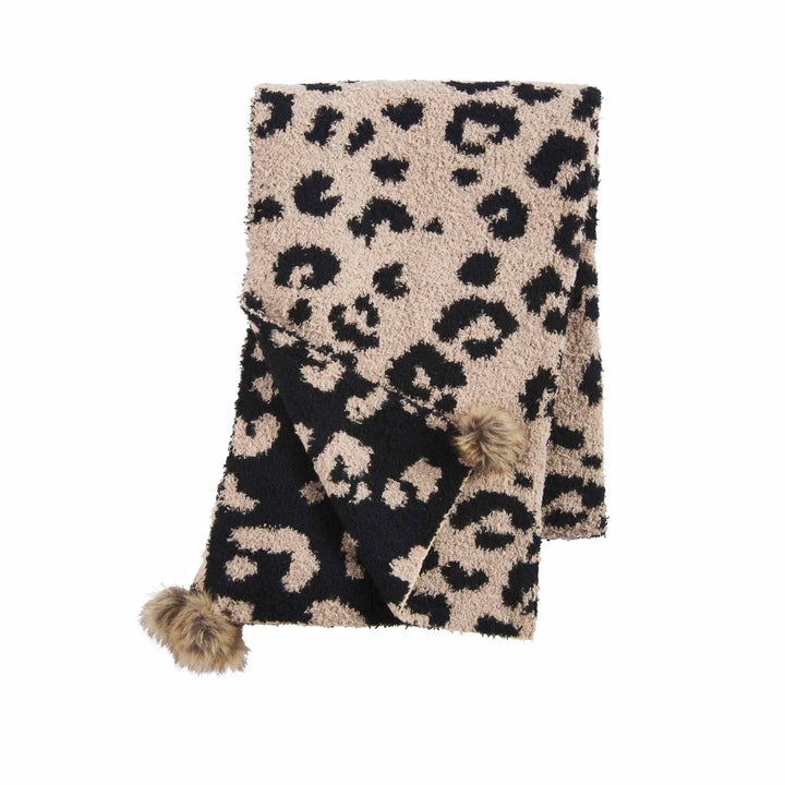 Soft beige and black leopard chenille scarf with fuzzy texture, two pom-poms; available in S, M, L.