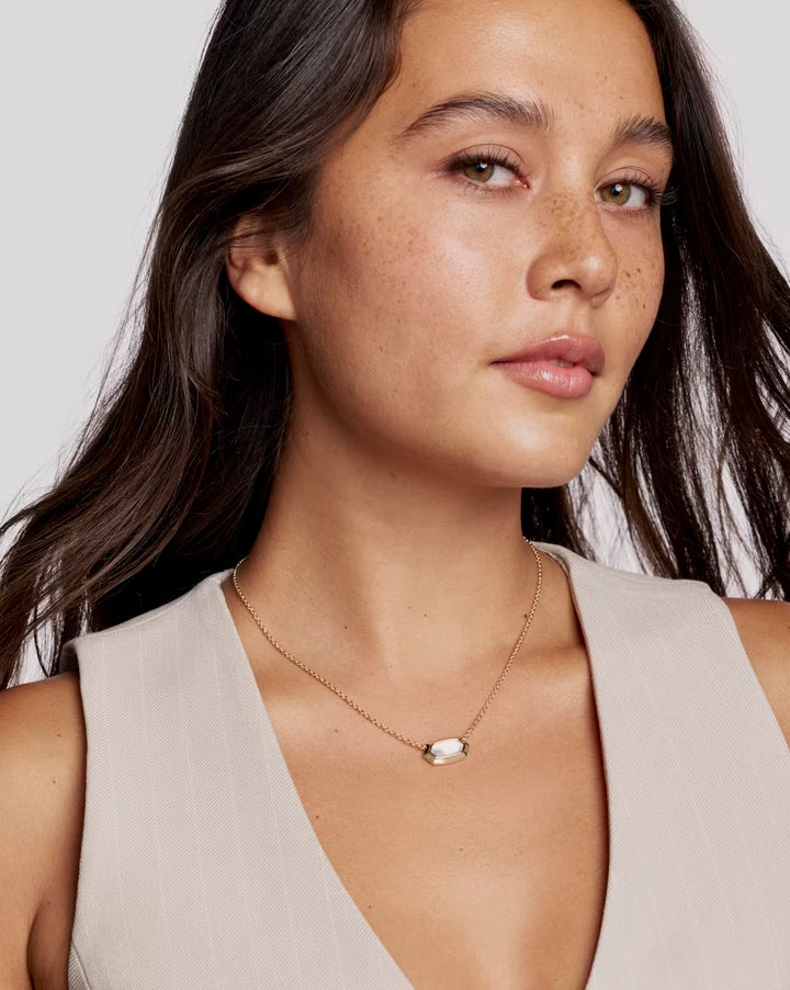 Kendra Scott Elisa Bezel Pendant Necklace in Ivory Mother of Pearl; available in 15" chain with 2" extender.
