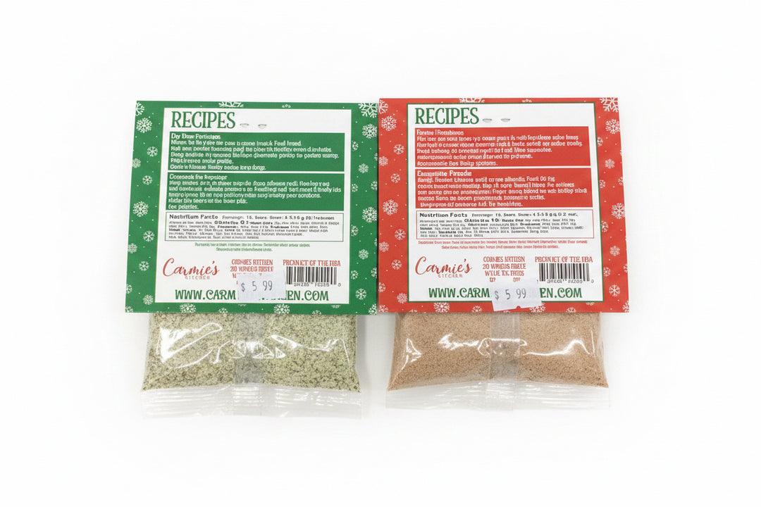 Carmies Holiday Collection green Christmas Pickle Dip and red Cheeseball Mix flat pouches, each 20 ounces with a recipe on the front.