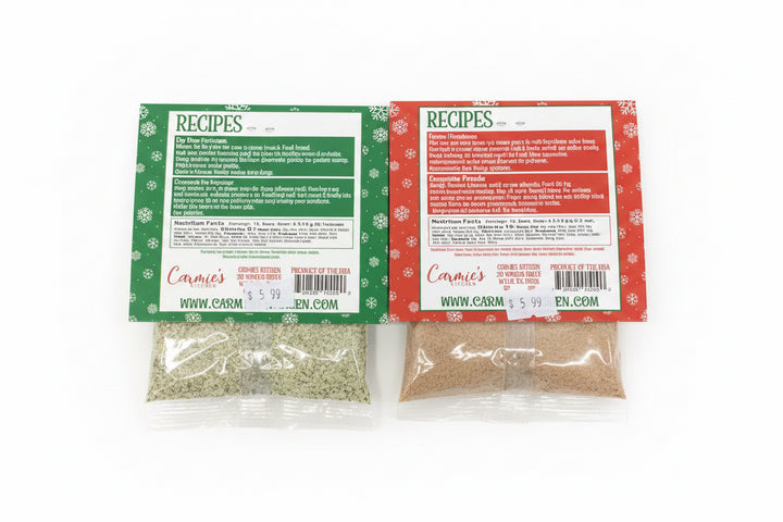 Carmies Holiday Collection green Christmas Pickle Dip and red Cheeseball Mix flat pouches, each 20 ounces with a recipe on the front.