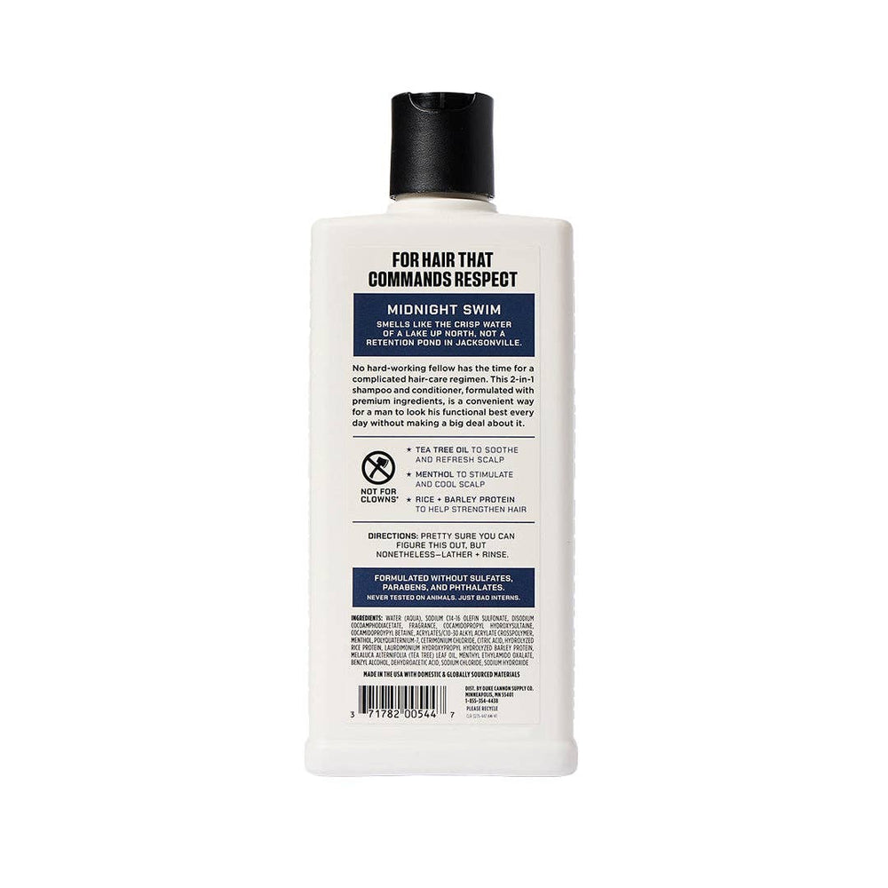 White Shampoo + Conditioner 2-in-1, Midnight Swim, black cap, dark blue label midsection. Available in 12oz and 24oz sizes.