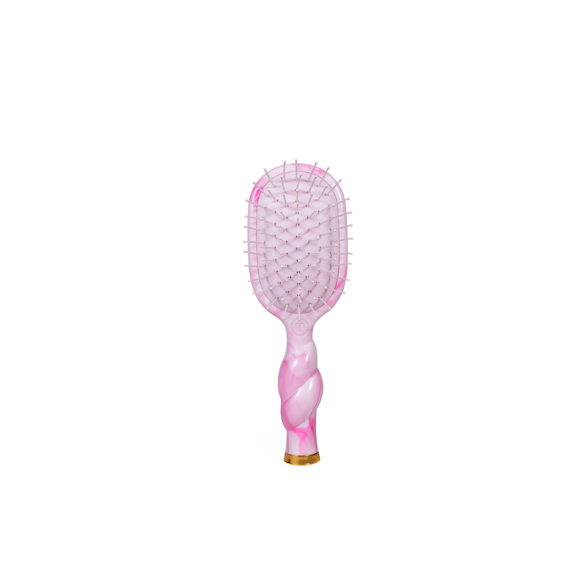 Mini Detangler Brush in “Pinch Me!” colorway with a pink rectangular head, twisted marbled handle, and gold detailing at the base. Available in mini size.