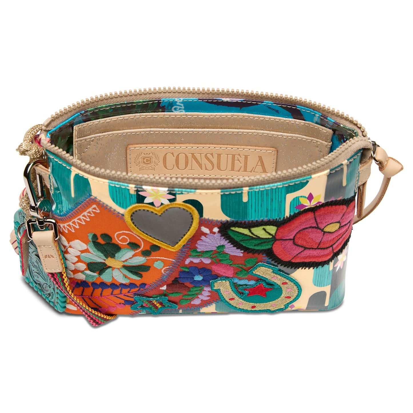 Midtown Crossbody, Dezi by Consuela, in signature ConsuelaCloth® with vibrant floral and heart patterns, beige interior, zip closure, interior branded tag; comes in one size.