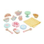Wood Tea Party Toy Set: teapot, cups, plates, cake slices, spoons, cake stand, yellow checkered napkin. Sizes: small/large.