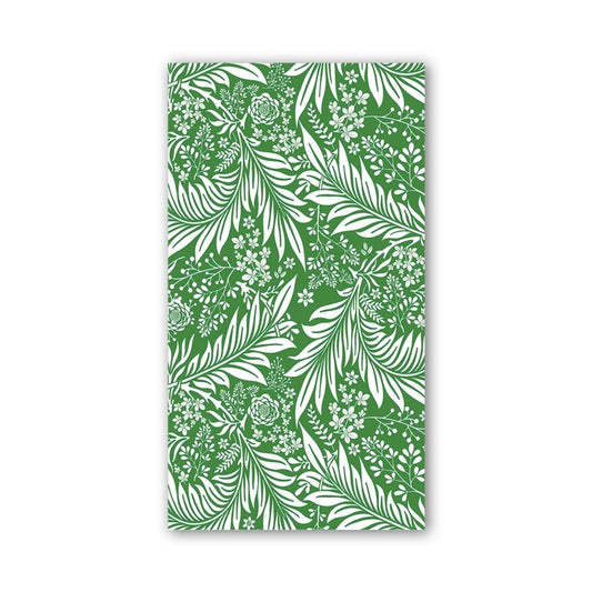 Green rectangular napkins with white tropical leaf and floral pattern. Available in hostess size.