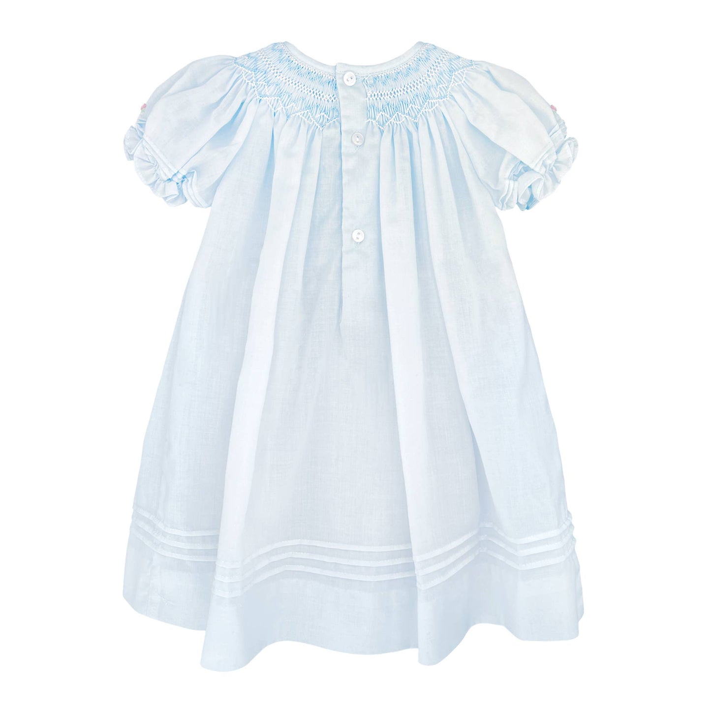 Back of Blue daygown with heart smocking and pearls