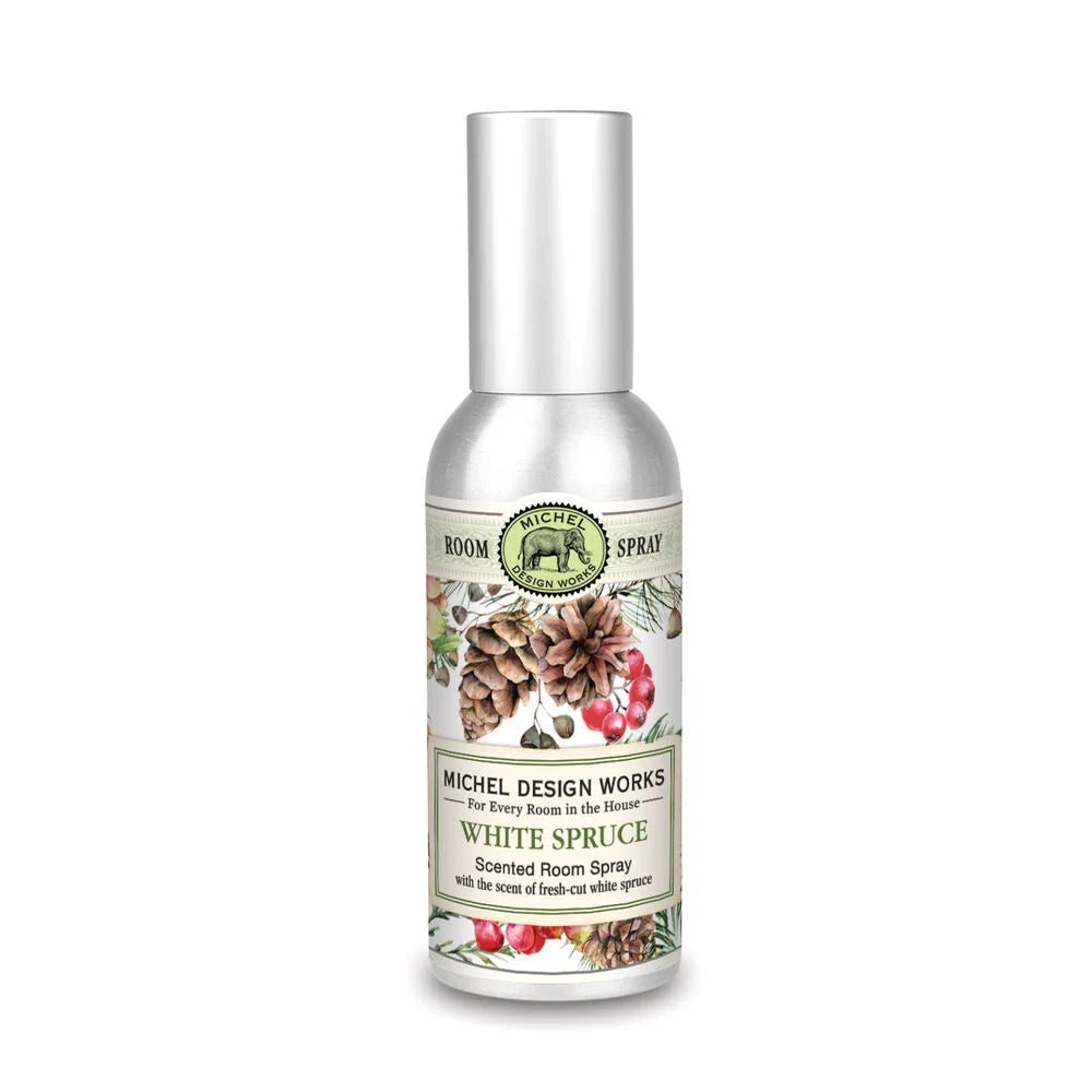 White Spruce Room Spray in a metal bottle with a pinecone and berry label.