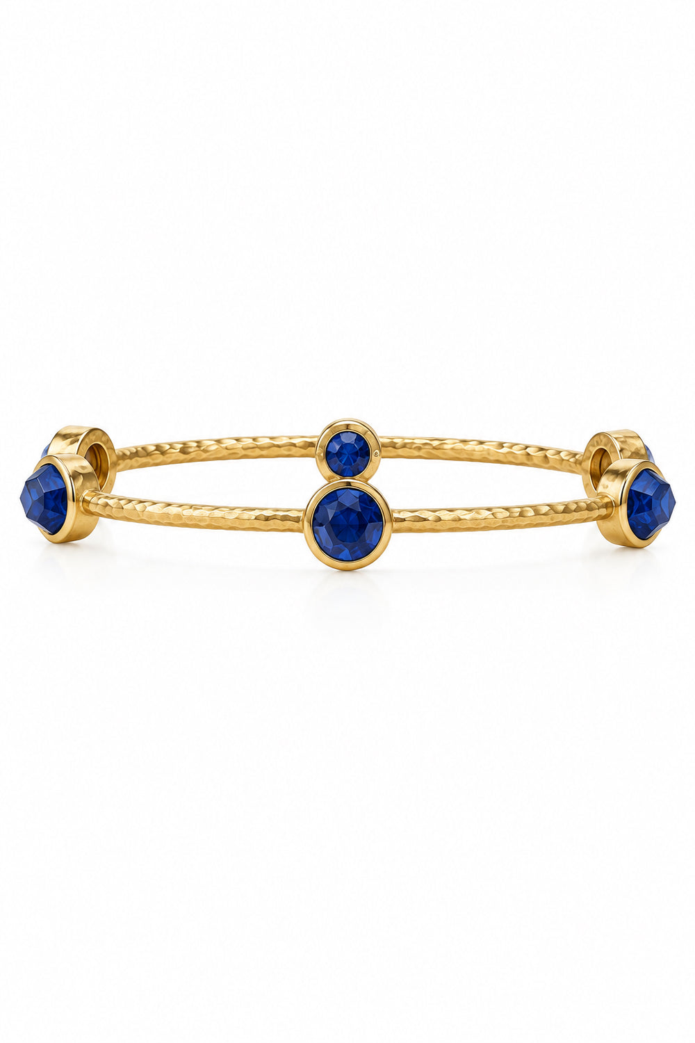 Milano Luxe Bangle: hammered 24K gold-plated, textured bangle with five round, faceted iridescent gemstones. Available in multiple sizes.