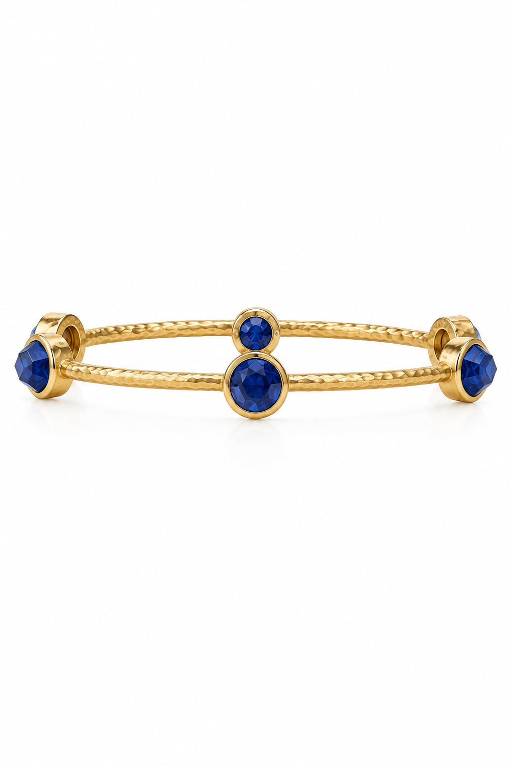 Milano Luxe Bangle: hammered 24K gold-plated, textured bangle with five round, faceted iridescent gemstones. Available in multiple sizes.