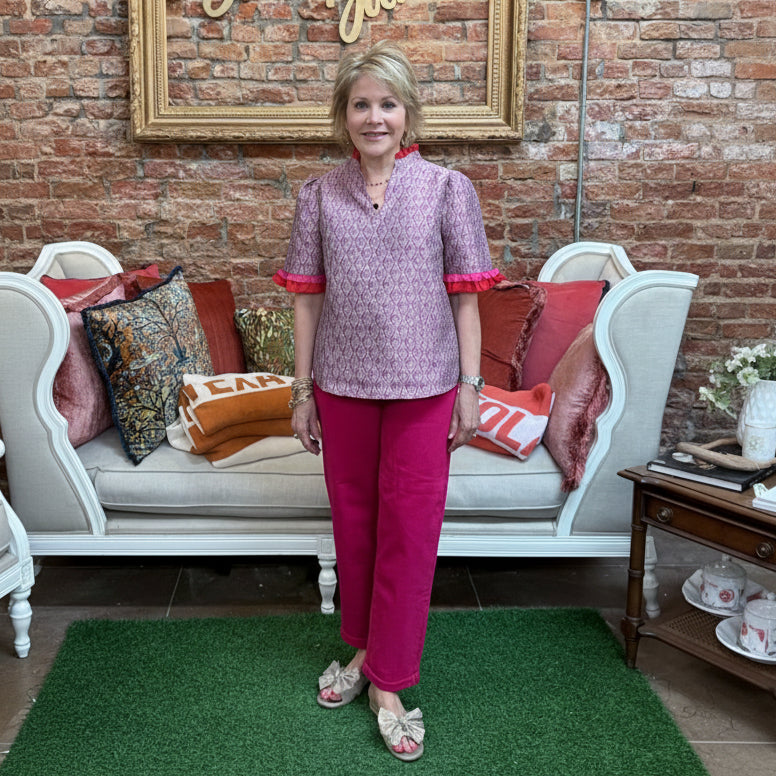 Fuchsia High Rise Ankle Boyfriend Pants with relaxed fit, available in sizes 0–18.
