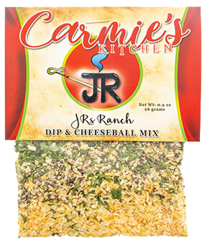 JR’S Ranch Dip & Cheeseball Mix packet with brand label, product name, clear window showing herbs. Sizes: 1oz, 3oz.