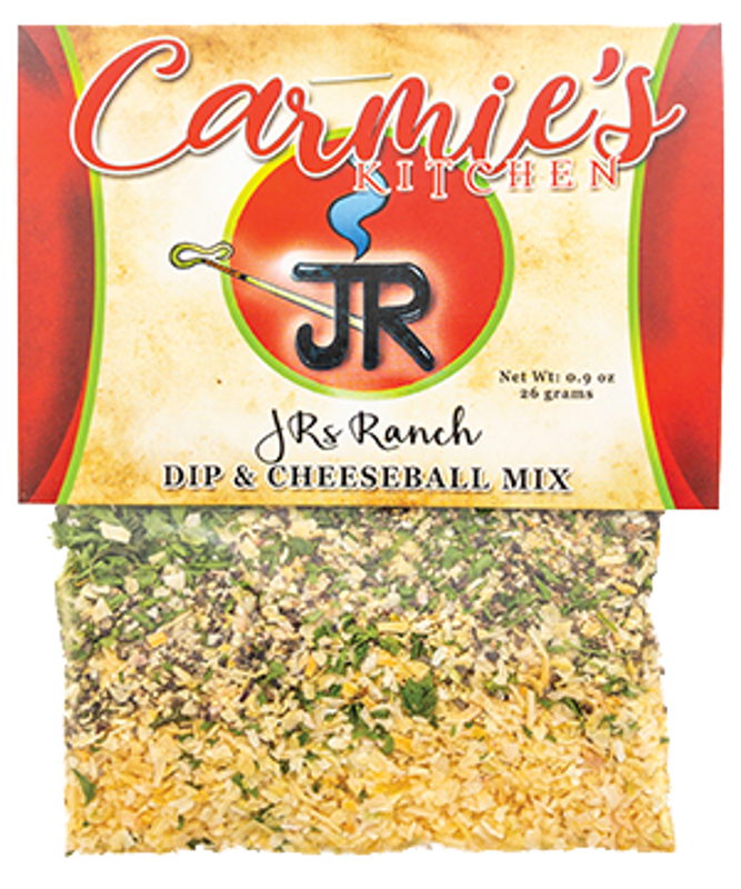 JR’S Ranch Dip &amp; Cheeseball Mix packet with brand label, product name, clear window showing herbs. Sizes: 1oz, 3oz.