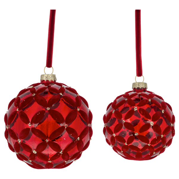 Two red glass Flocked Basket Weave Ornaments in different sizes with lattice pattern and ribbon hangers.