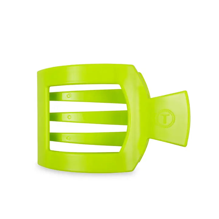 Bright green plastic TELETIES Square Flat Hair Clip with three slots and flat handle. Available in small and large sizes.