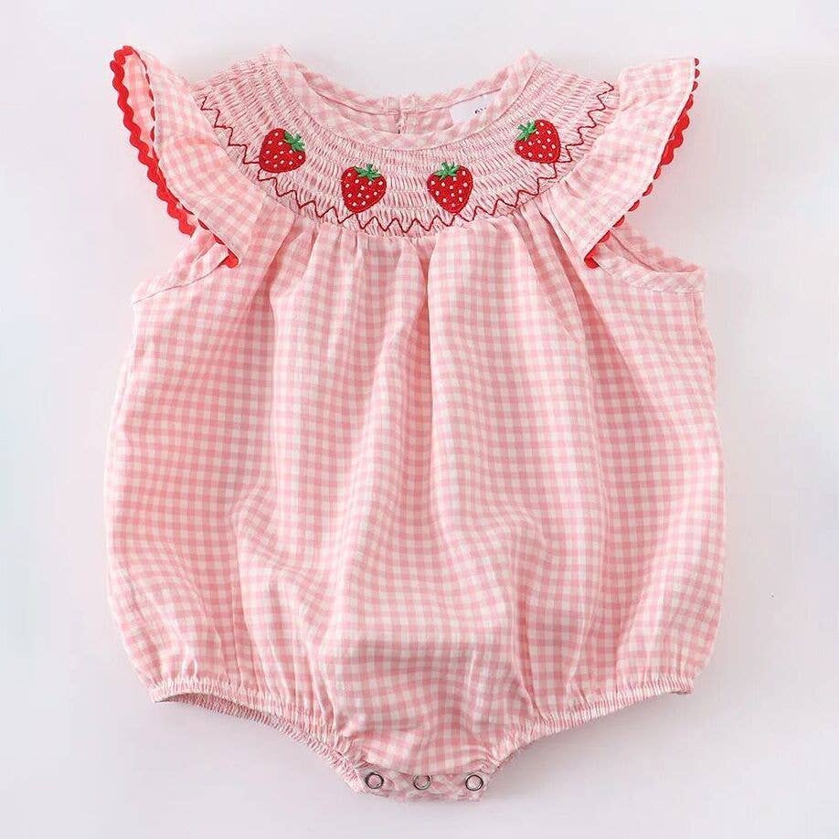 Baby Girls Strawberry Plaid Smocked Romper: 18M