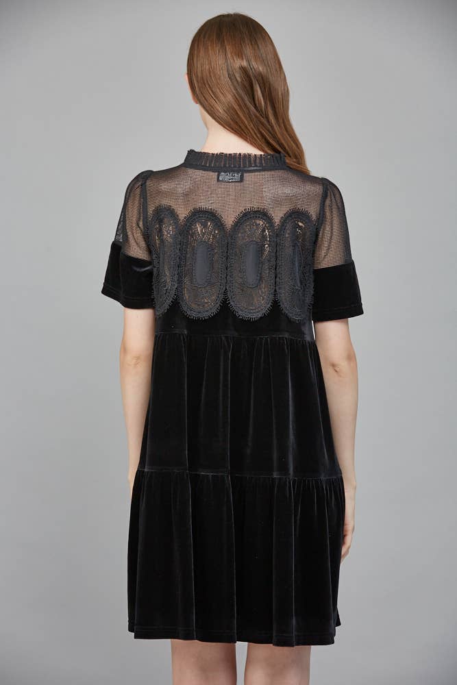 Contrast Sheer Mesh With Intricate Lace Detail Velvet Dress