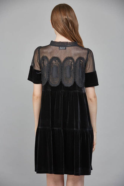 Contrast Sheer Mesh With Intricate Lace Detail Velvet Dress
