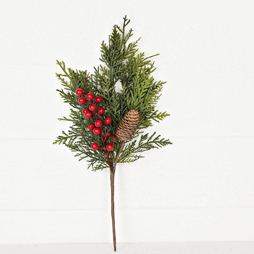 Small Superior Real Touch Mix Cedar Red Berry sprig with green cedar needles, red berries, and a brown pine cone. Available in small size.
