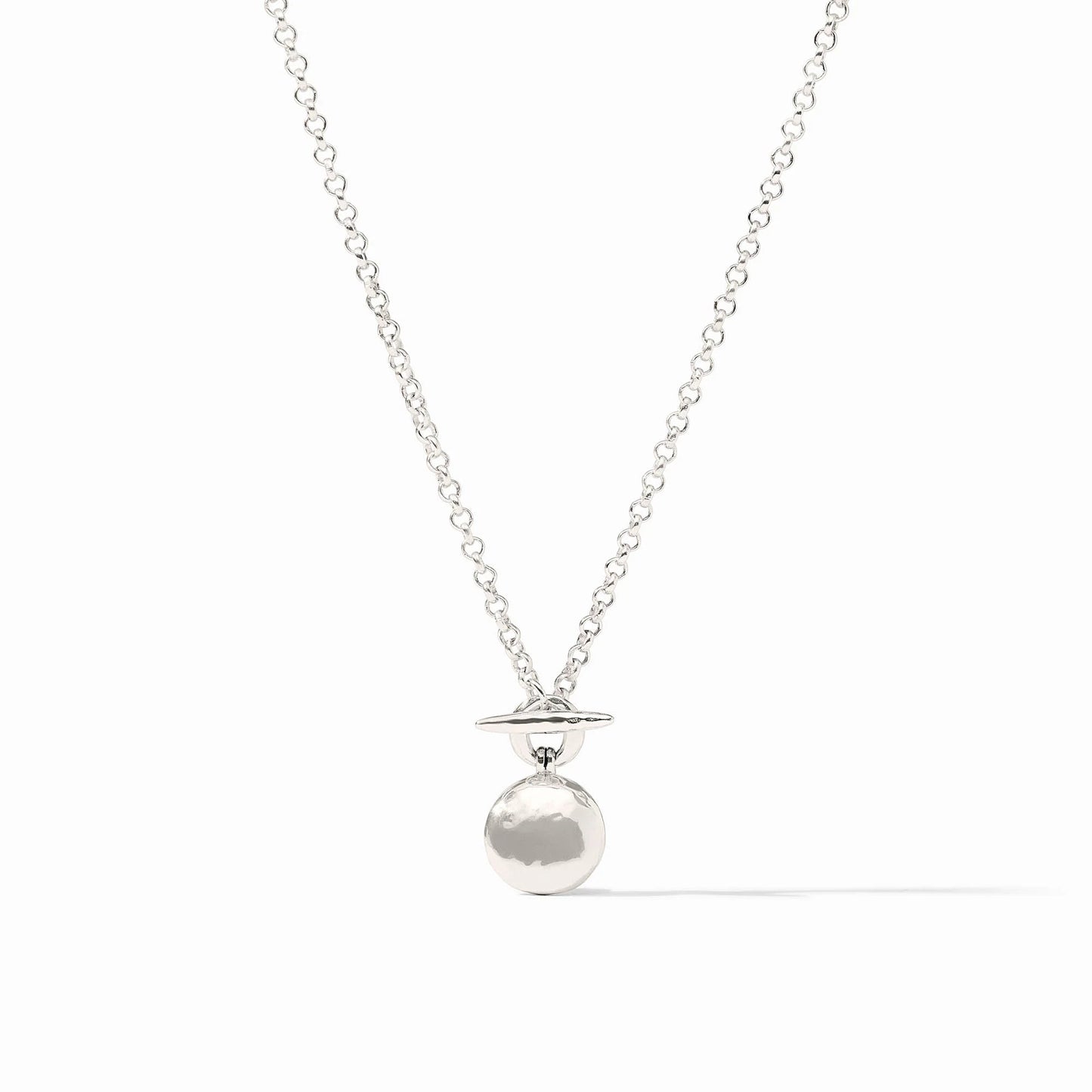 Pure silver-plated chain with a small Saturn-shaped pendant, featuring a smooth round planet and delicate silver ring. Available in 16", 18", and 20" lengths.