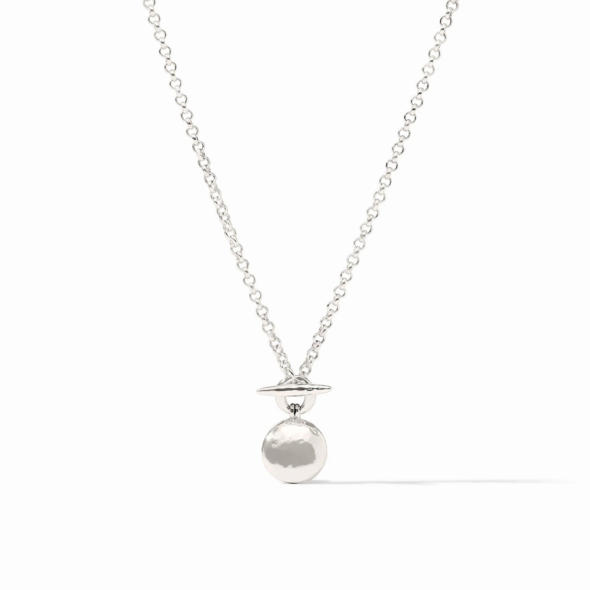 Pure silver-plated chain with a small Saturn-shaped pendant, featuring a smooth round planet and delicate silver ring. Available in 16", 18", and 20" lengths.