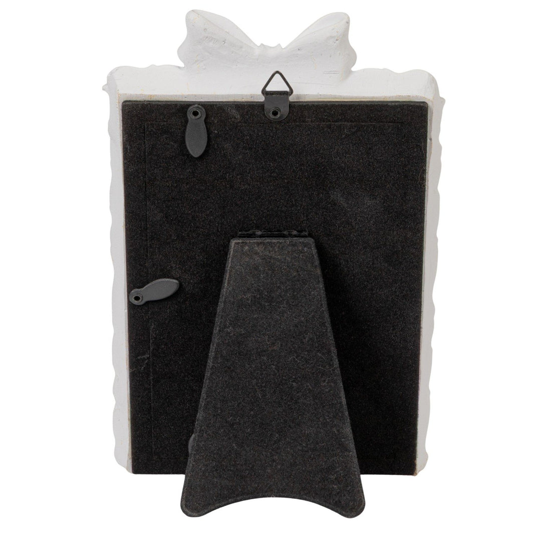 Plastic photo frame with bow, antique white edge, black stand, swivel tabs, metal hook. Fits 4x6 photos.