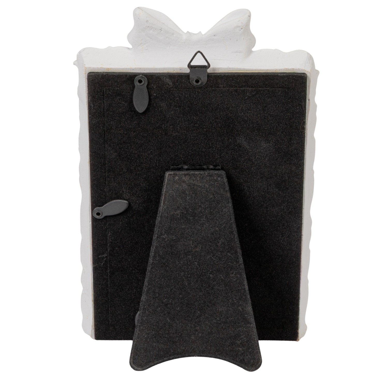 Plastic photo frame with bow, antique white edge, black stand, swivel tabs, metal hook. Fits 4x6 photos.