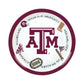 TAMU Round Melamine Charger with Texas A&M logo, maroon border, and Aggie-themed illustrations. Available in 13" diameter.