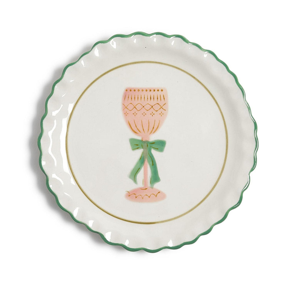 Cheers Tidbit Plate, 4 styles: small, round, scalloped-edge plate with a green rim and pink stemmed glass illustration with a green bow.