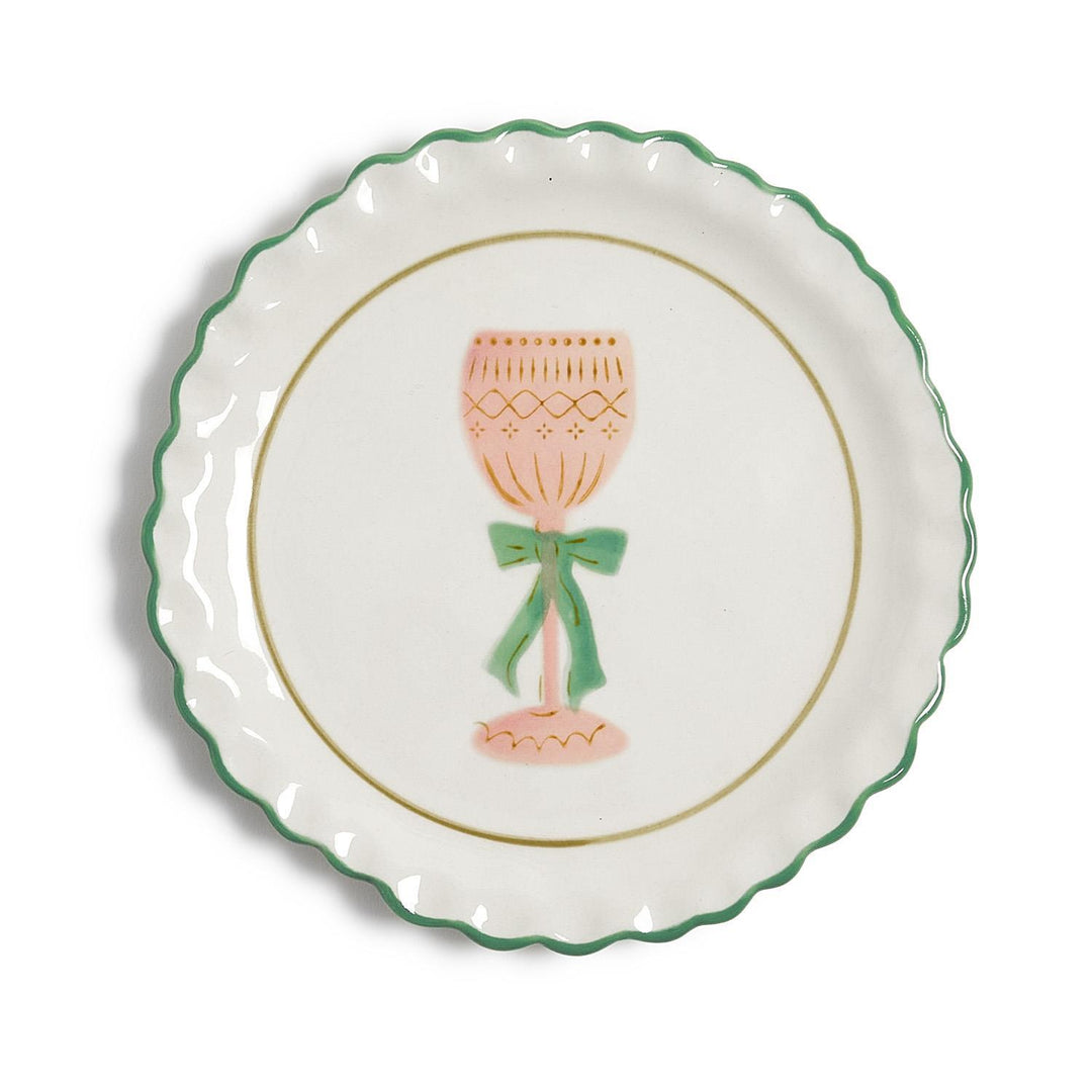 Cheers Tidbit Plate, 4 styles: small, round, scalloped-edge plate with a green rim and pink stemmed glass illustration with a green bow.