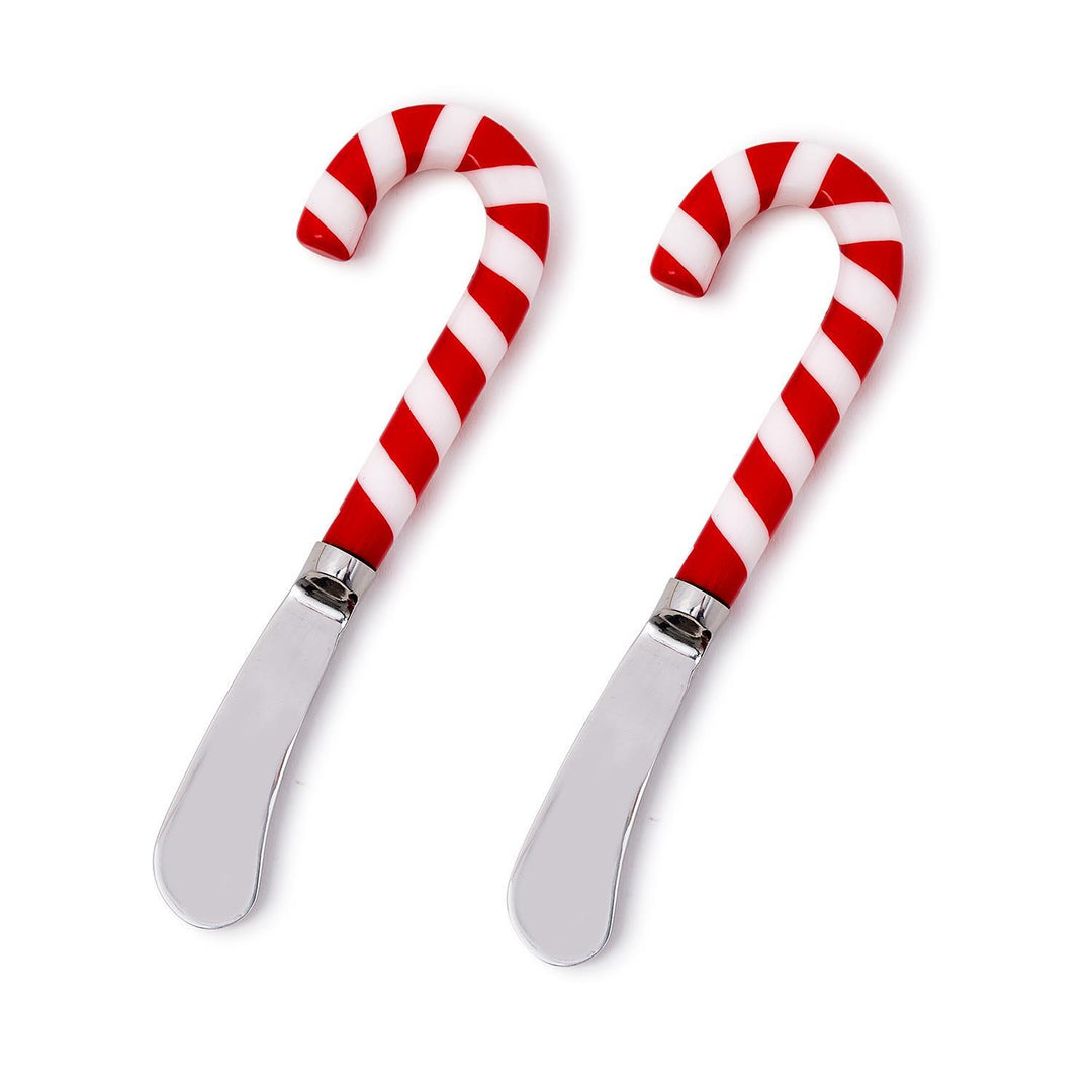 Peppermint Twist Set of 2 Candy Cane Spreaders with silver metal blades and red and white handles.
