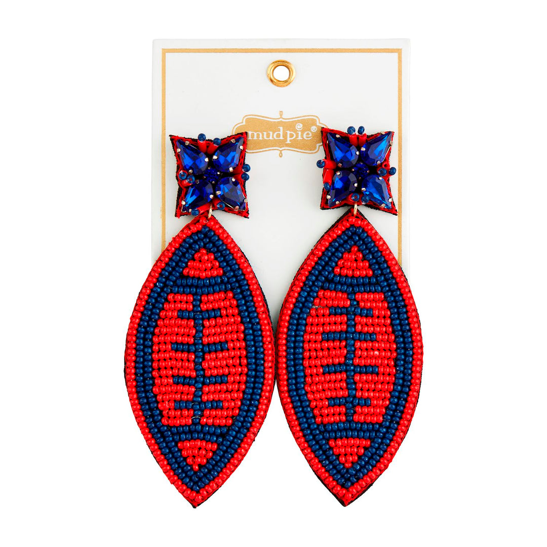 Gameday Beaded Earrings: red and blue football-shaped beads, jeweled square studs. Sizes: one size.