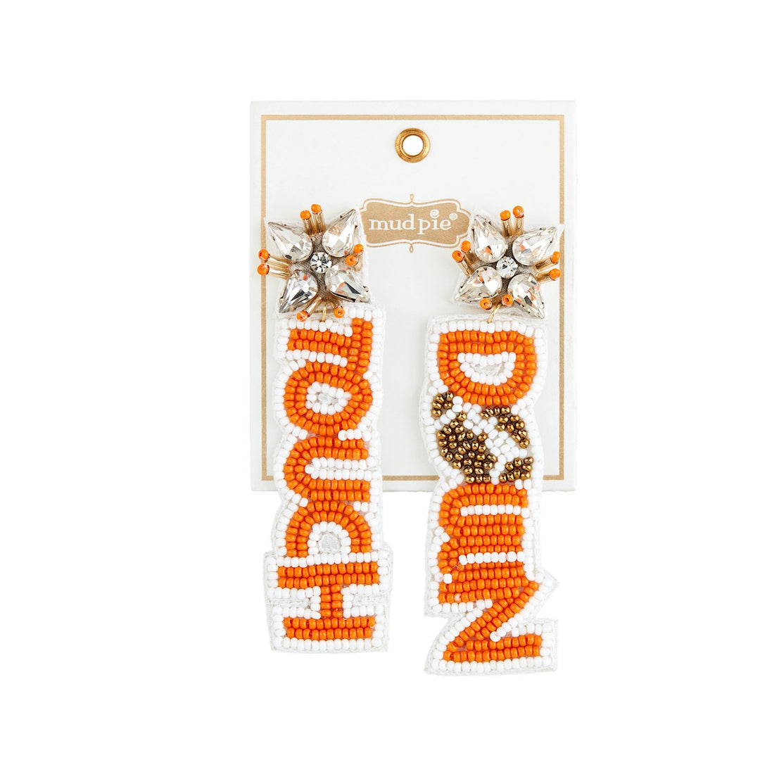 Beaded earrings with jeweled flower studs: one says "COACH," the other "DEAF" with leopard print football. Sizes available.