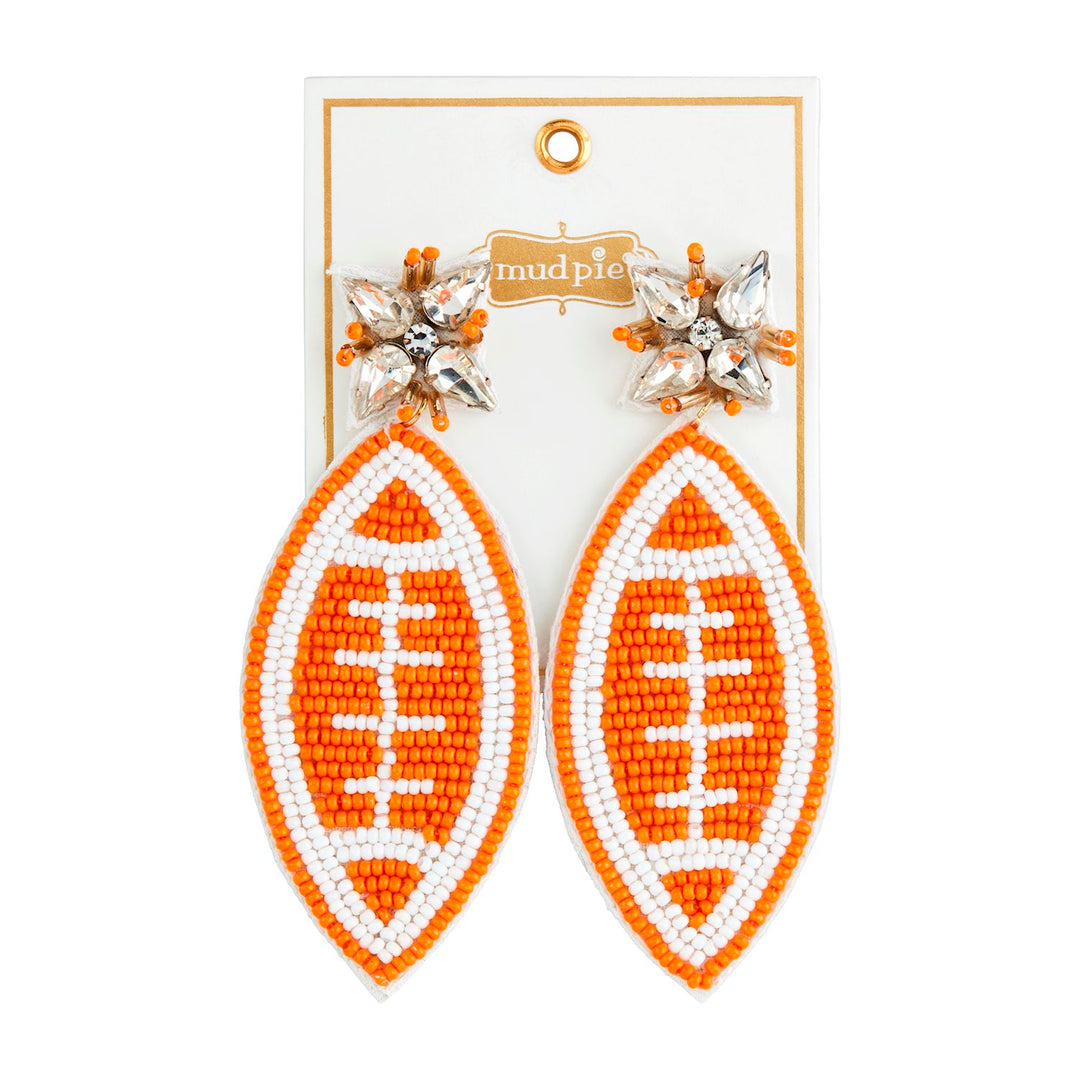 Gameday Beaded Earrings shaped like footballs, orange and white beads, jeweled floral studs. Size: one size fits all.