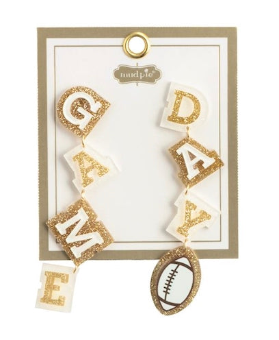 Tailgate Earrings available in 3 styles, each with gold glitter letters spelling “GAME DAY” and a football charm. Sizes available: not specified.