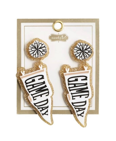 Glittery gold Tailgate Earrings with basketball-inspired designs and bold black “GAME DAY” lettering on white; available in 3 styles. Sizes: Small, Medium, Large.