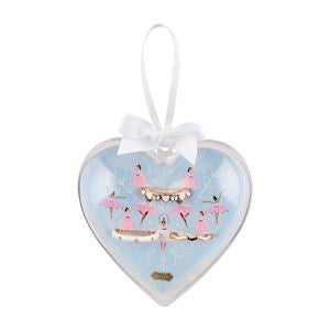 Heart-shaped ring set with pink ballerina art, pale blue background, white stars, white ribbon. Sizes: S, M, L.
