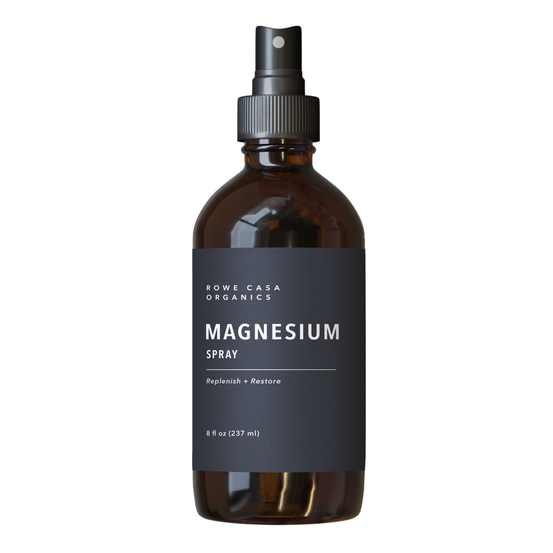 Brown spray bottle labeled “Magnesium Spray | 8 oz”; available in 8 oz size.