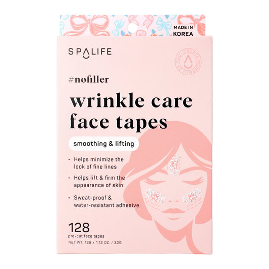 A pink SpaLife #nofiller Wrinkle Care Face Tapes box, made in Korea; non-invasive, sweat-proof. Size info not shown.
