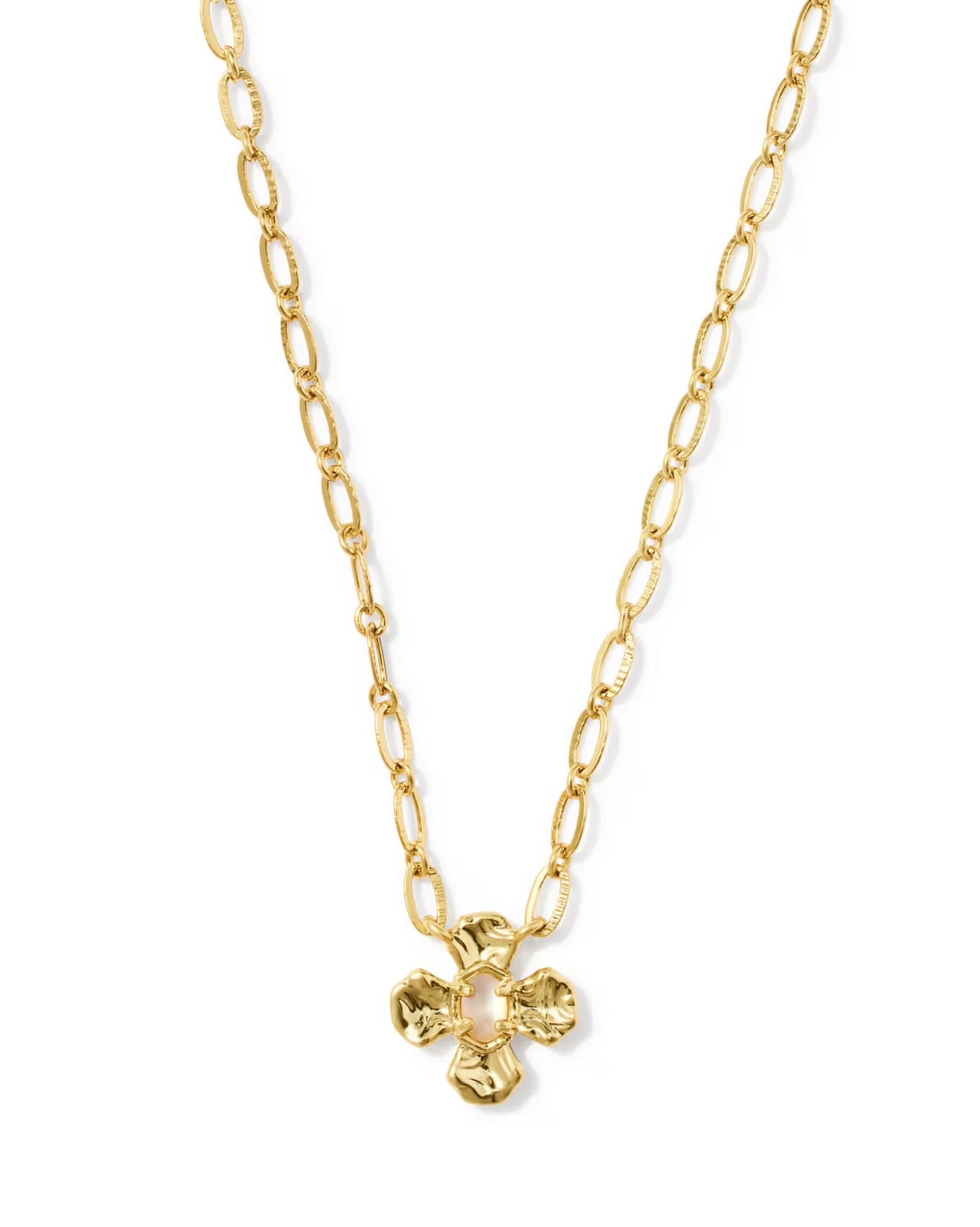 Leanne Short Pendant by Kendra Scott: gold chain necklace with oval links and a textured, abstract flower-shaped pendant. Available in short length sizes.