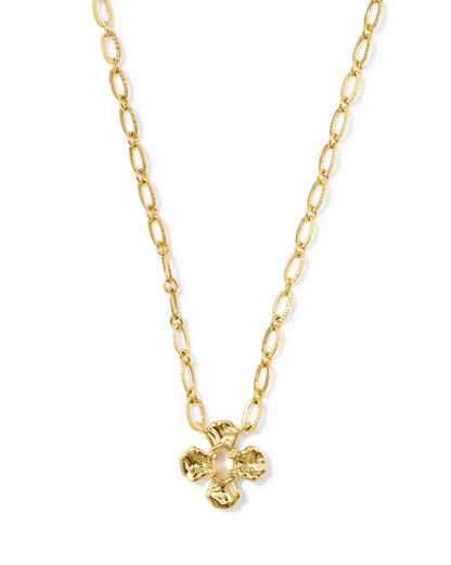 Leanne Short Pendant by Kendra Scott: gold chain necklace with oval links and a textured, abstract flower-shaped pendant. Available in short length sizes.