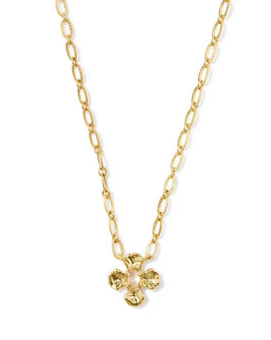 Leanne Short Pendant by Kendra Scott: gold chain necklace with oval links and a textured, abstract flower-shaped pendant. Available in short length sizes.