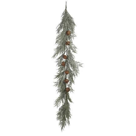 Frosted faux cedar garland with hanging rust-finished metal bells.