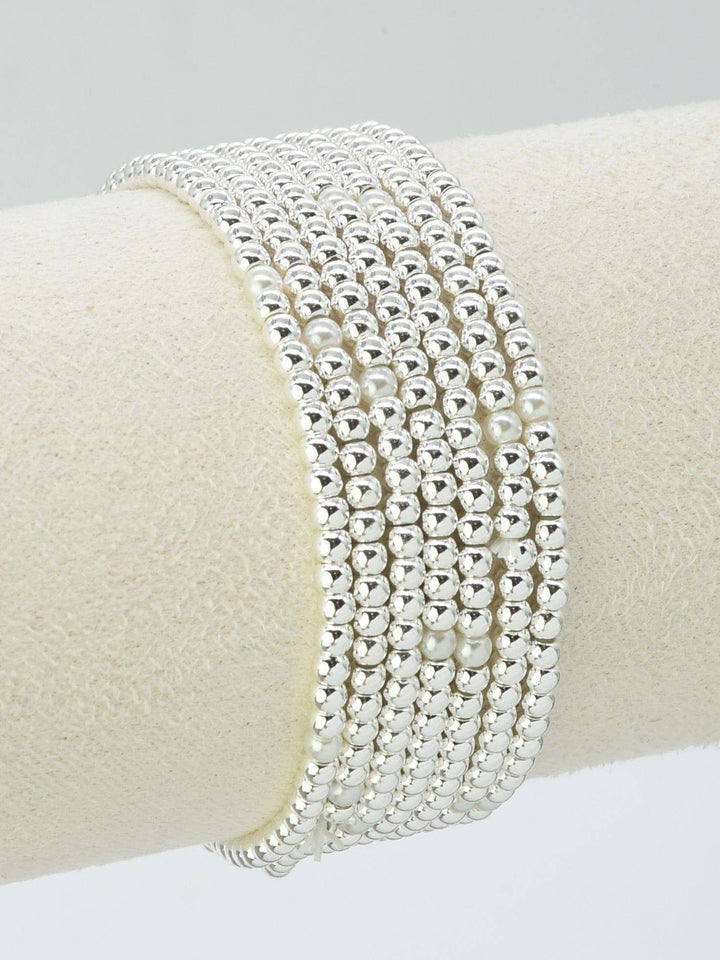 CB2238 7 Piece CCB Pearl Bracelet Set: silver beaded stretch bracelets with shiny round beads and scattered white pearls. Sizes: varies.