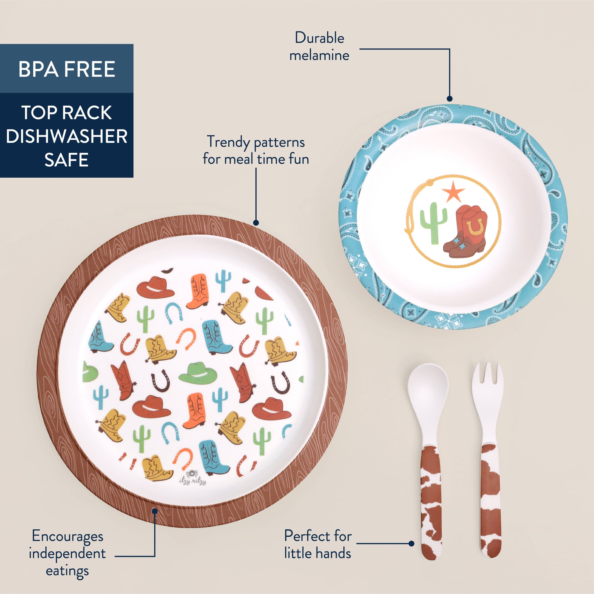 Itzy Bistro 4-piece toddler dining set: BPA-free plate, bowl, fork, and spoon. Dishwasher safe. Western designs. Sizes: toddler.