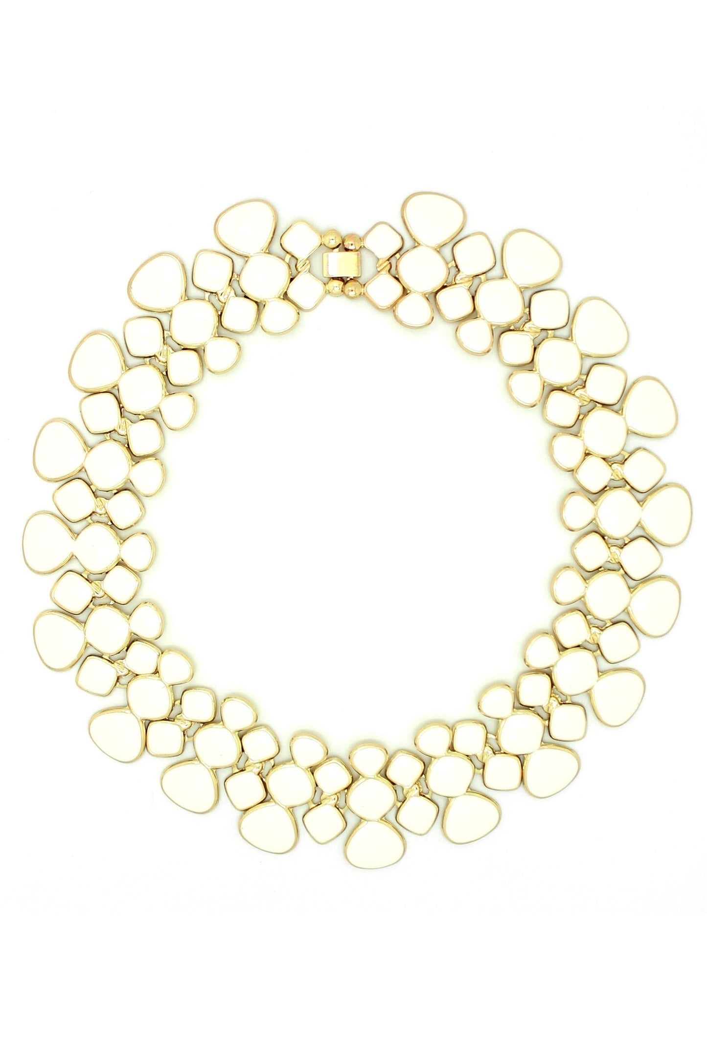 Honey Comb Statement Collar Necklace with interlinked, irregular teardrop loops in a wide, symmetrical design. Sizes: S, M, L.
