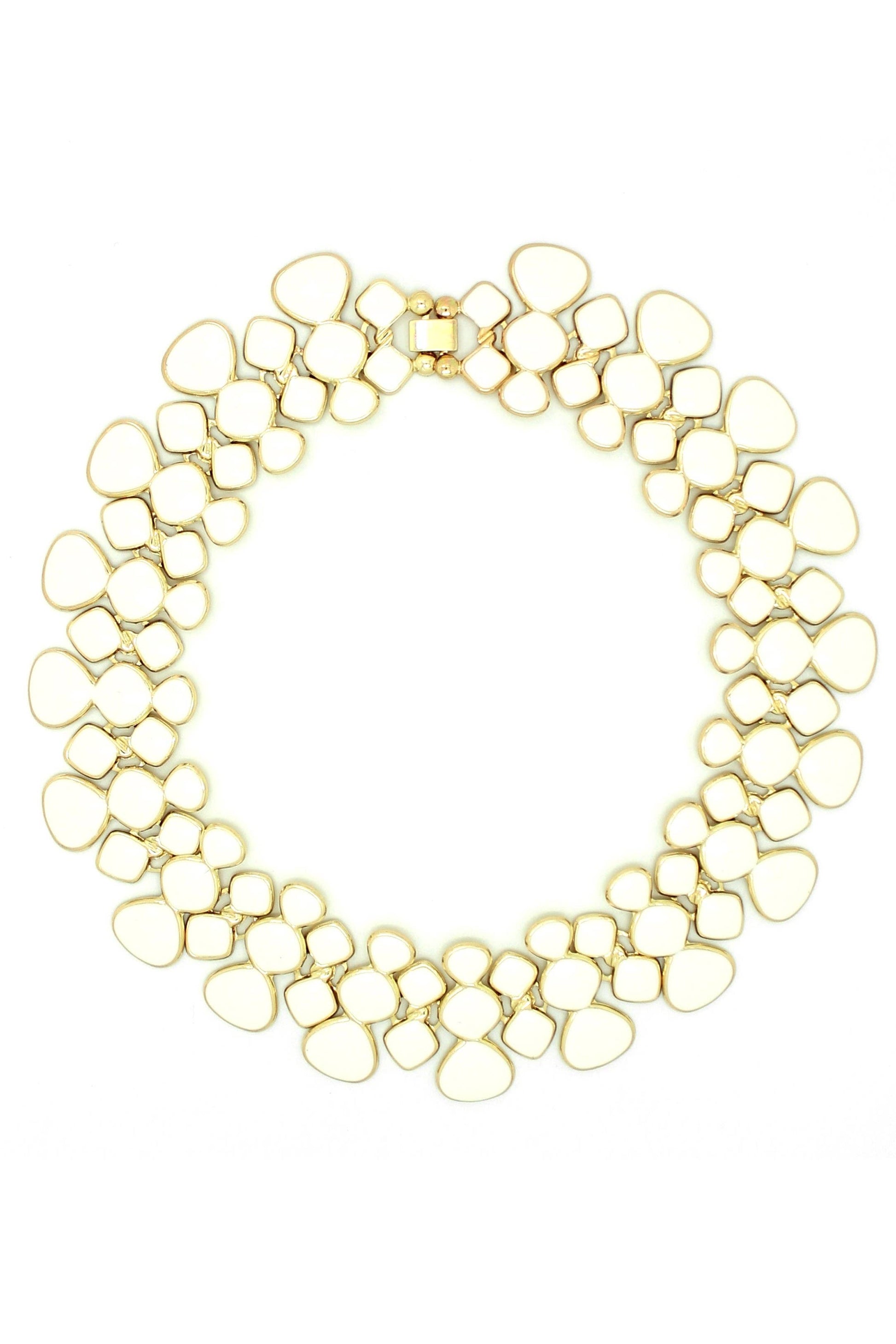 Honey Comb Statement Collar Necklace with interlinked, irregular teardrop loops in a wide, symmetrical design. Sizes: S, M, L.