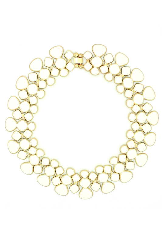 Honey Comb Statement Collar Necklace with interlinked, irregular teardrop loops in a wide, symmetrical design. Sizes: S, M, L.
